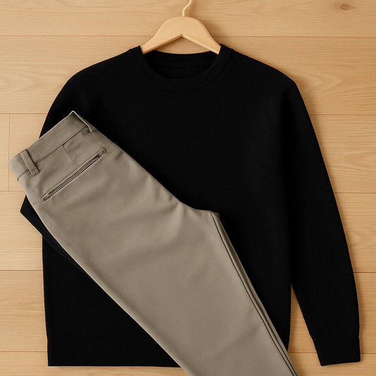 Long sleeves black tshirt with beige pants