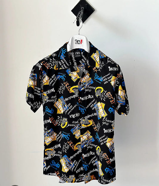 Tropical Graphic Print Button-Up Shirt  black Multicolor